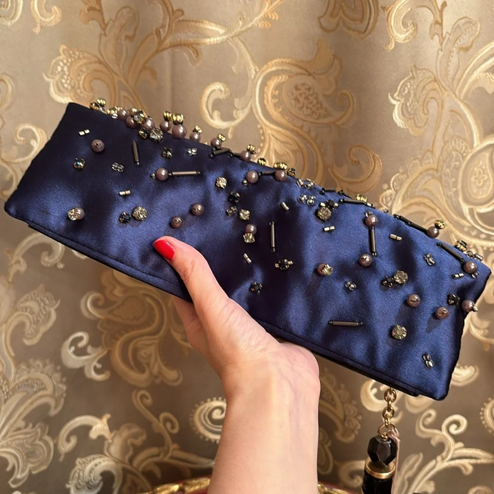 Rafe New York LG GELIA blue satin leather trimmed embellished studded clutch